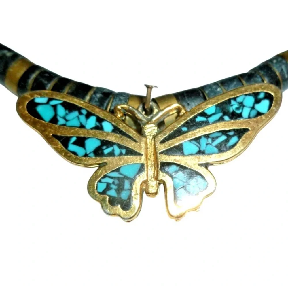 Vintage Southwestern Turquoise Inlay Butterfly Heishe Bead Choker Necklace Black